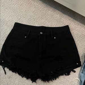 SHEIN distressed high waisted black denim shorts